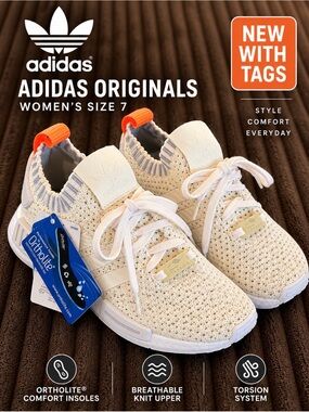 Adidas Originals NMD R1 STLT Primeknit Sneakers White Orange Women’s Size 7 NWT